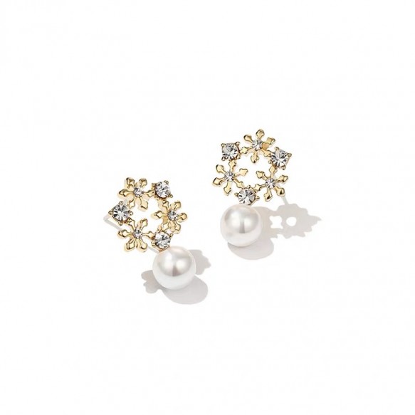 Gold Snowflakes Diamond w Pearl Earring 
