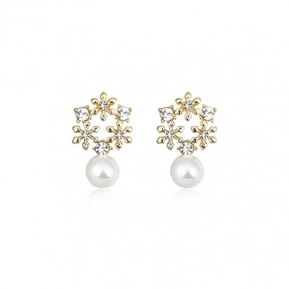 Gold Snowflakes Diamond w Pearl Earring 