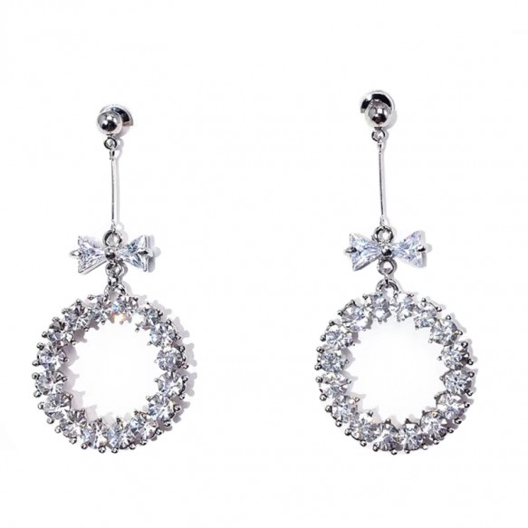 Silver Crystal Round Ribbon Earring
