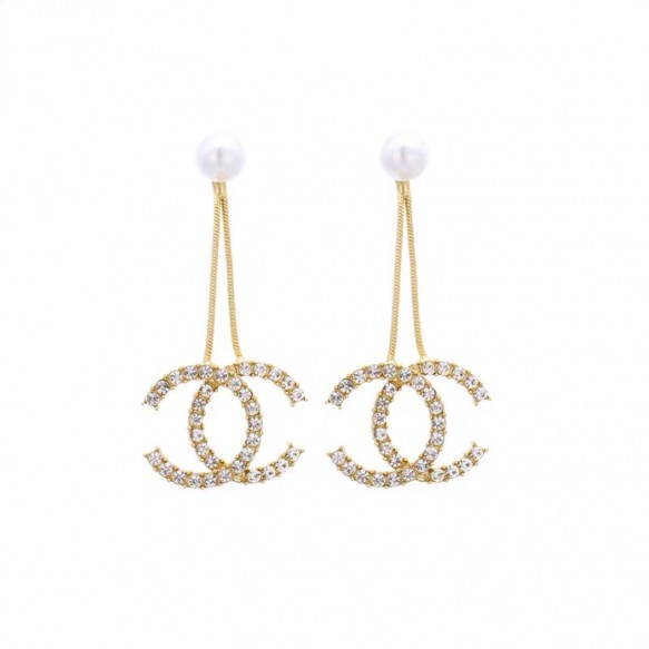 Diamond Double C Pearl Long Earring