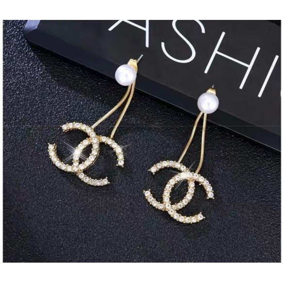 Diamond Double C Pearl Long Earring