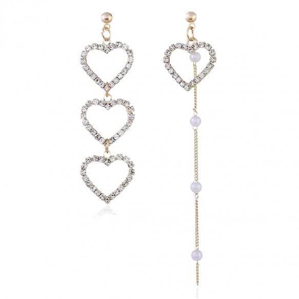 Triple Diamond Hearts Long Pearl Earring