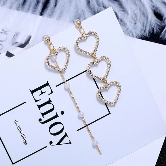 Triple Diamond Hearts Long Pearl Earring