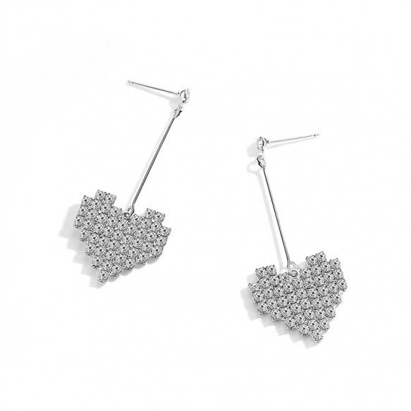 Glittering Diamond Big Heart Silver Earring