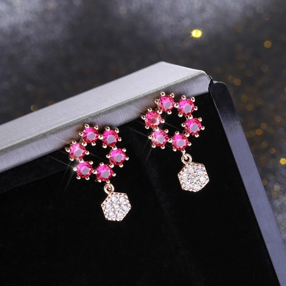 Rose Red Snowflake Hexagon Earring