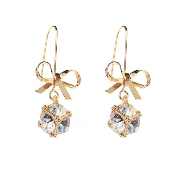 Gold Ribbon Knot Crystal Cube Earring