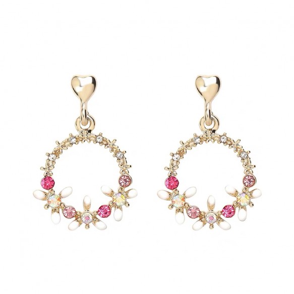 Gold Heart Pink Flowery Earring