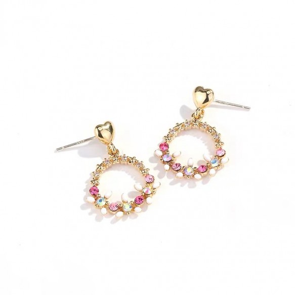 Gold Heart Pink Flowery Earring