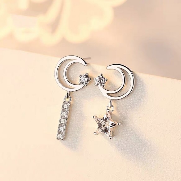 Star n Crescent Silver Diamond Earring