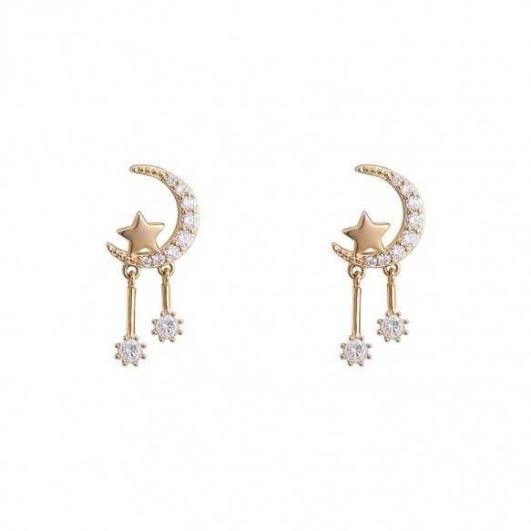 Diamond Crescent Gold Star Earring