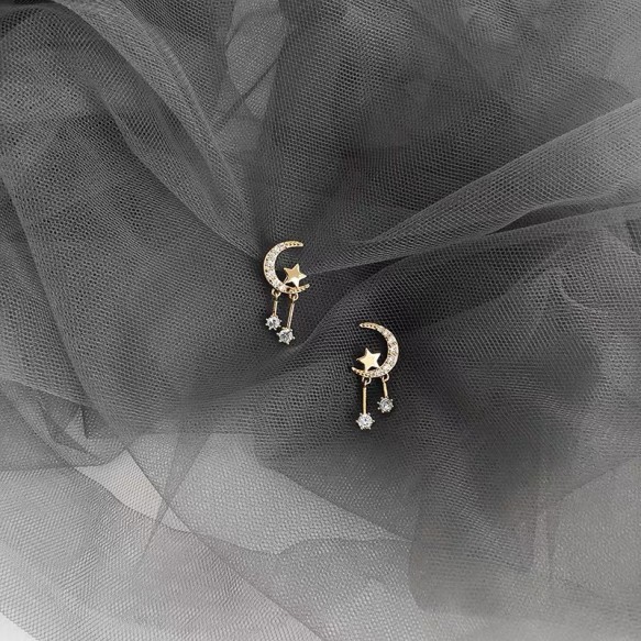 Diamond Crescent Gold Star Earring