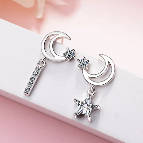 Star n Crescent Silver Diamond Earring