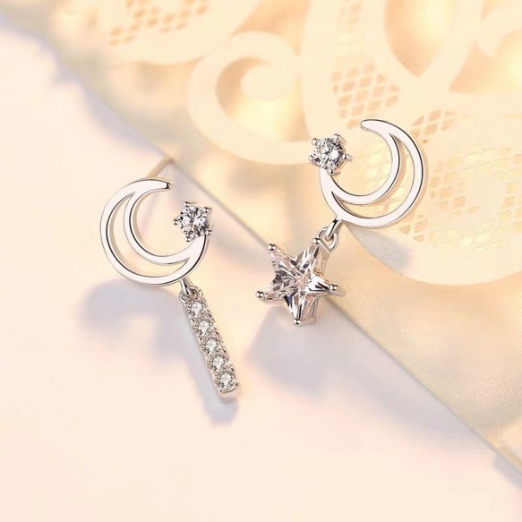 Star n Crescent Silver Diamond Earring