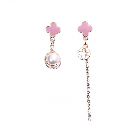 Pink Clover Pearl Long Diamond Earring