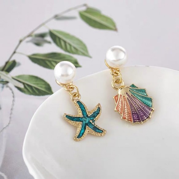 Seashell Starfish w Pearl Earring 