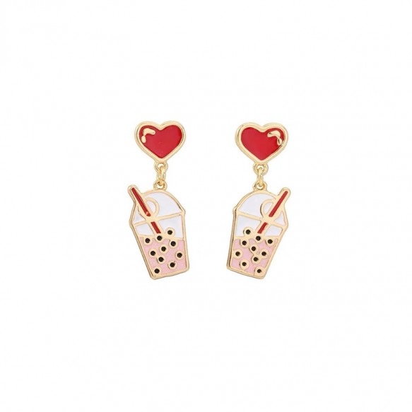 Pink Bubble Tea Heart Earring