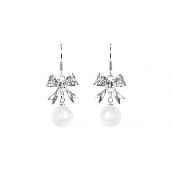 Silver Ribbon w Knot Pearl Earring
