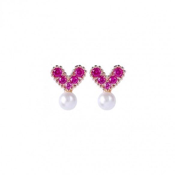 Pink Crystal Heart w Pearl Earring